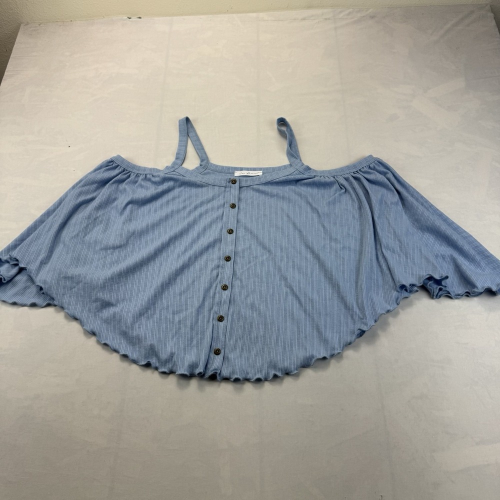 Ces Femme Women's Large Blue Ribbed Off Shoulder Button Front Boho Top